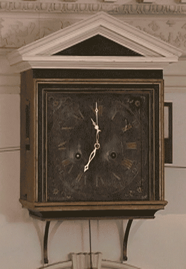Animated gif of Monticello's Great Clock showing the pendulum swinging and second hand moving.