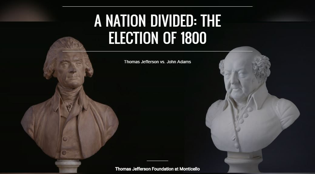 Busts of Thomas Jefferson and John Adams cross gazes in this ad for an online exhibit about the Election of 1800