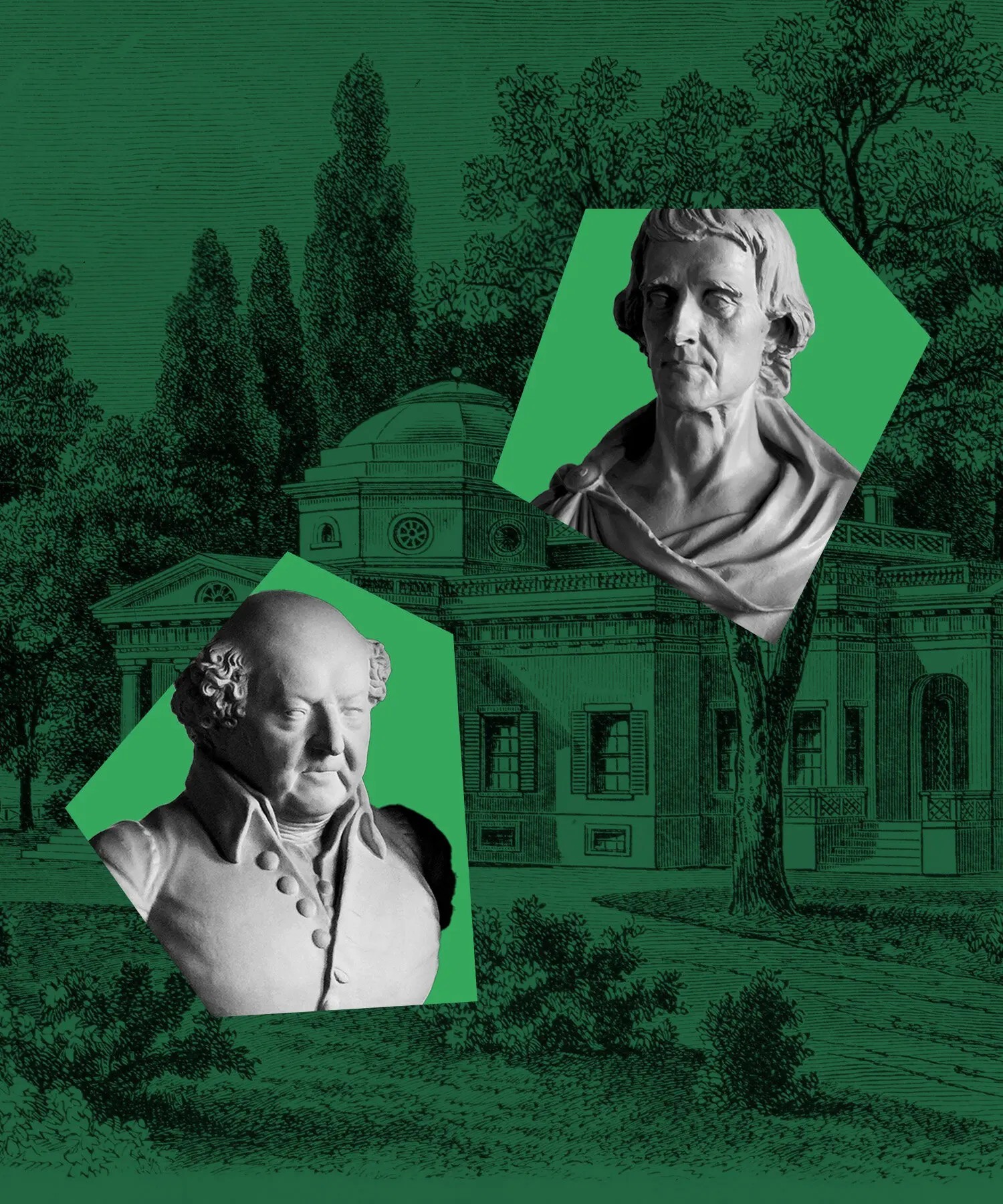 Busts of Thomas Jefferson and John Adams against a historic painting of Monticello with a green tint