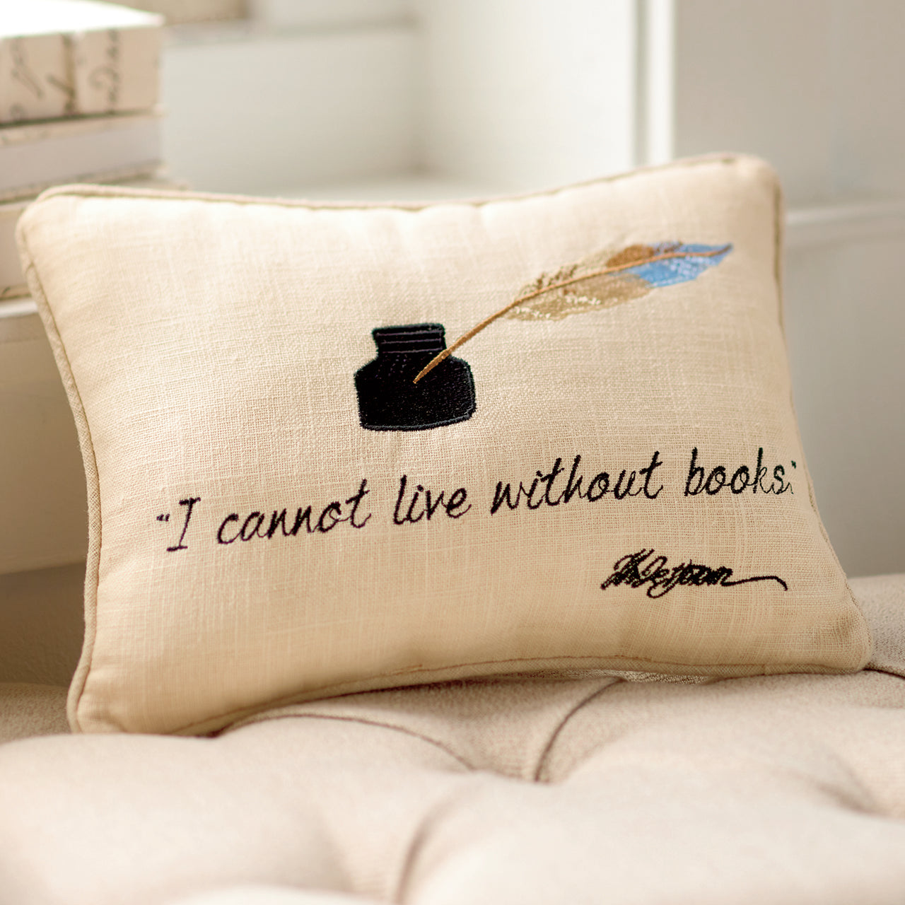 Cloth pillow embroidered with historic quote