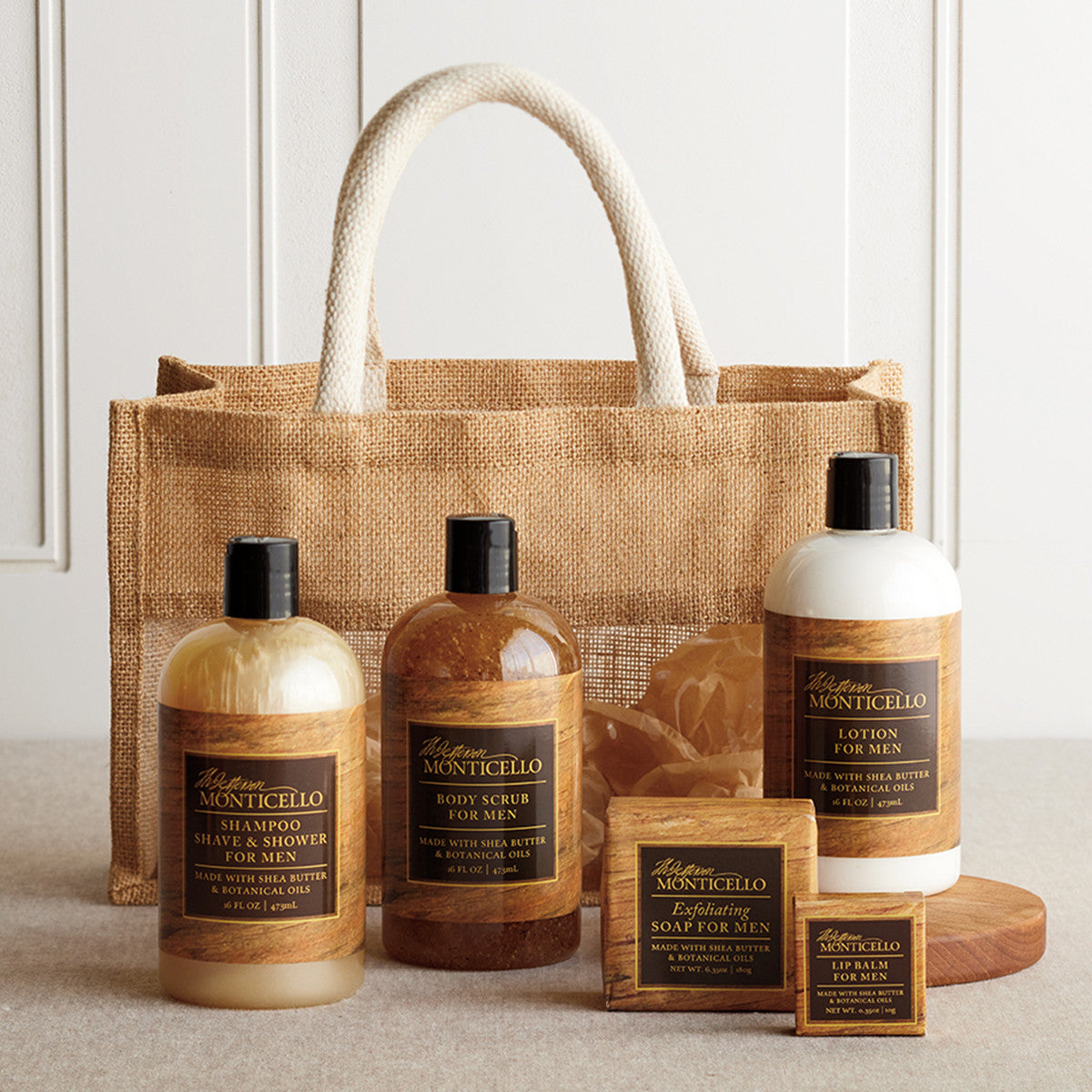 Bottles of body care product by cloth gift bag