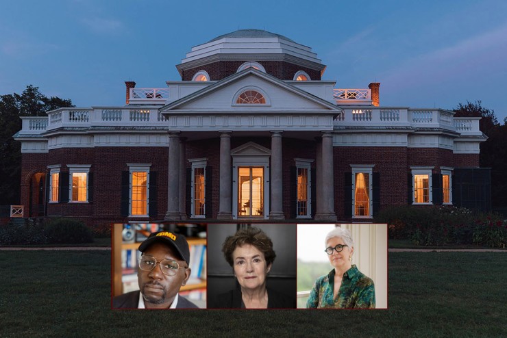 Headshots of Jamelle Bouie, Linda Colley, and Jane Kamensky with Monticello's West Front in the evening as a background