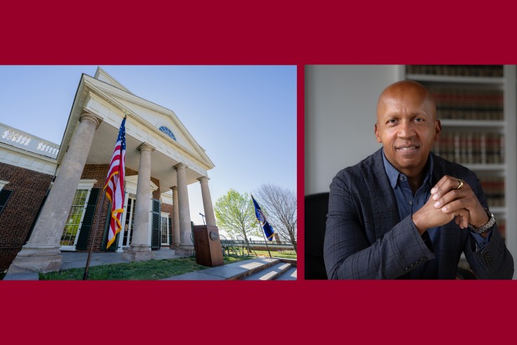 Side by side images Monticello's West Portico and headsot of Bryan Stevenson