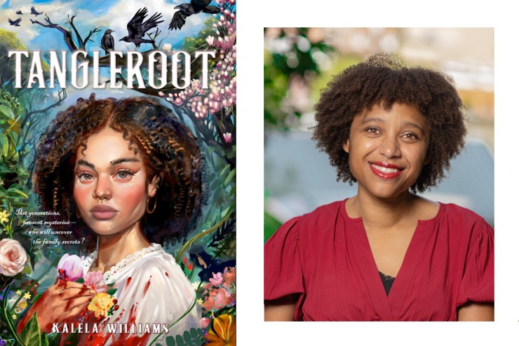 Side by side images of the cover of "Tangleroot" and a headshot of the book's author, Kalela Williams