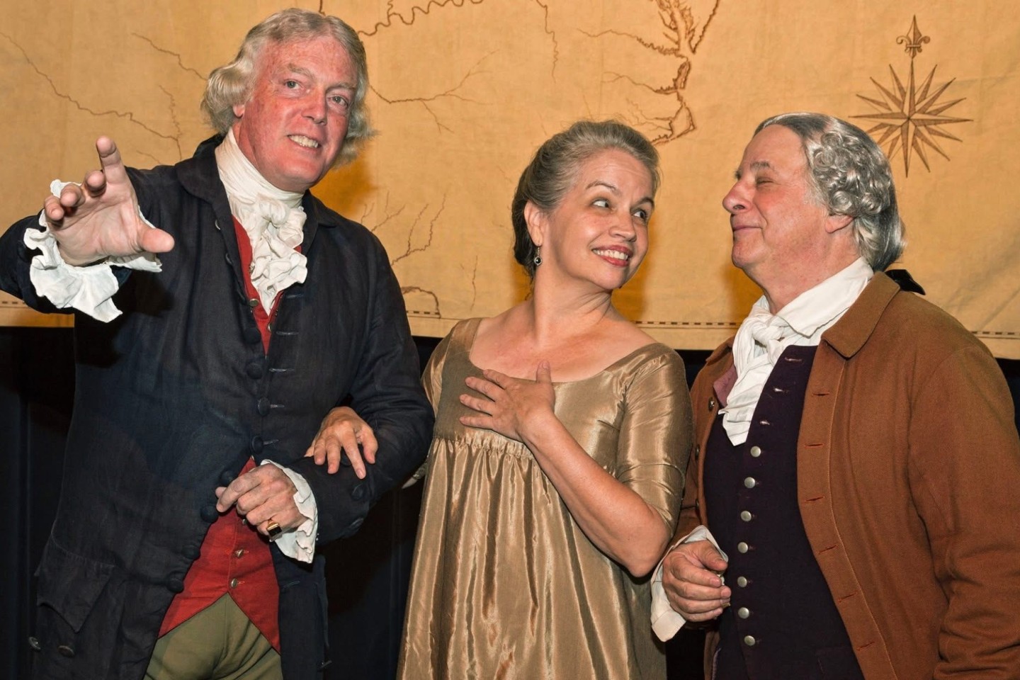 Bill Barker as Thomas Jefferson; Sam Goodyear as John Adams; and Abigail Schumann as Abigail Adams
