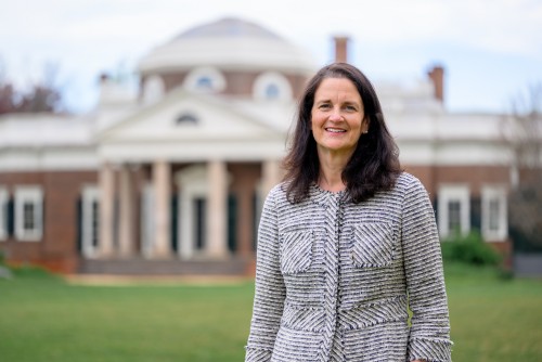 Christine Barth standing on Monticello's West Lawn