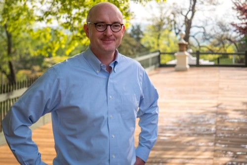 Gardiner Hallock standing on Monticello's North Terrace