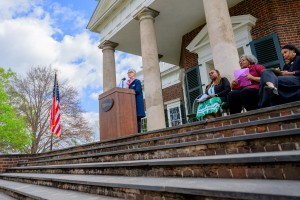 Jane Kamensky speaking from the podium on Founder'