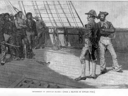 British officer looking over group of American seamen on deck of ship. ca. 1810