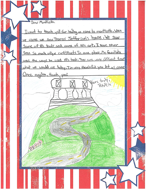 Thank you card with a primitive image of Monticello from a student who toured Jefferson's home with a school group