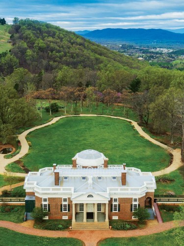Aerial of Monticello's East Front and roof looking west toward Montalto and the Blue Ridge Mountains