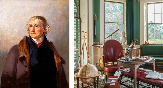 Image of Thomas Jefferson wearing a brown coat with a fur-lined color and a dark jacket next to an image of Jefferson's office crowded with scientific instruments and furniture.