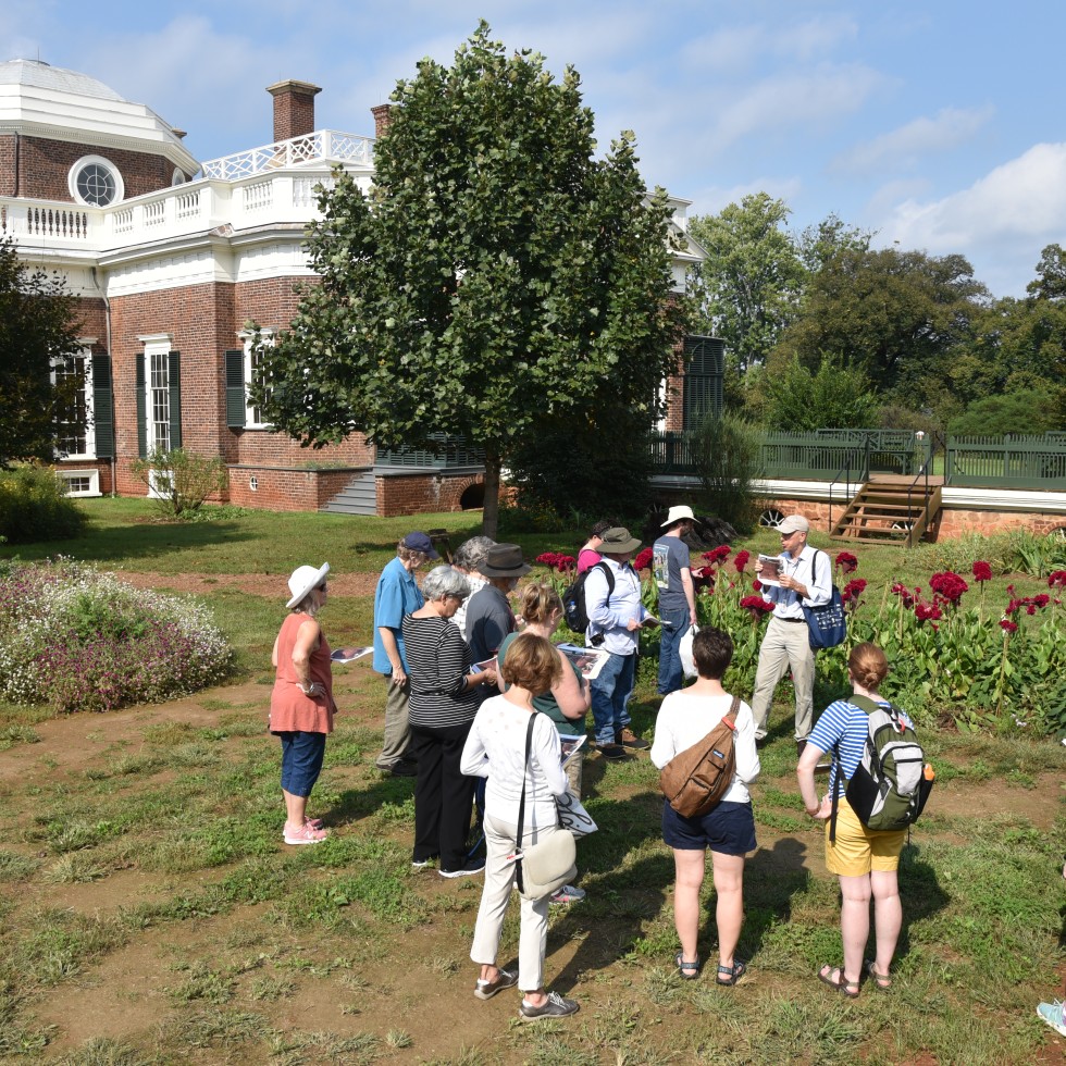 Archaeologist leading walking tour on the West Lawn