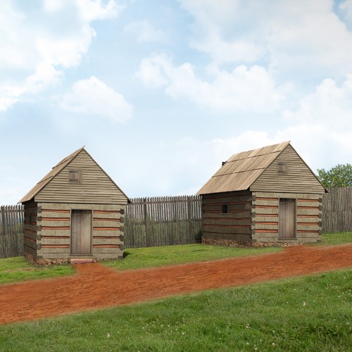 Digital recreation of three small dwellings for enslaved people at Monticello