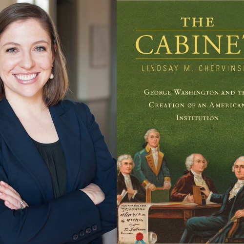 Head of Lindsay Chervinsky set next the cover of her book