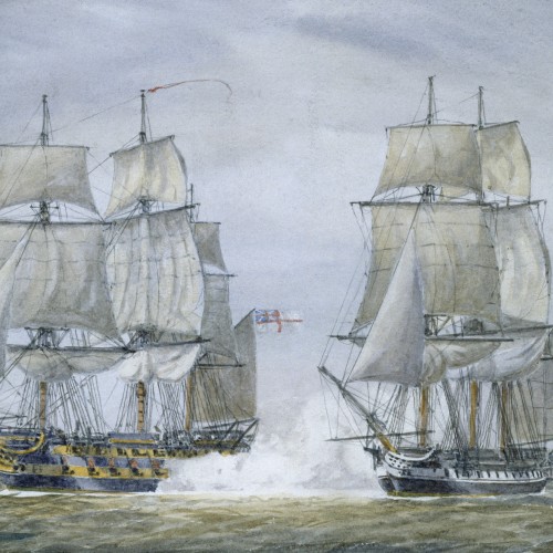 19th-century painting by Irwin John Bevan depicting the encounter between the American ship Chesapeake and the British ship Leopard, one cause for the passing of the Embargo Act of 1807