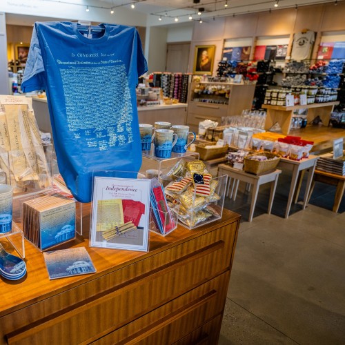Shirts, books, and reproductions of the Declaration of Independence on display at the Monticello Shop