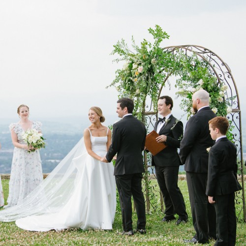 A bride, groom, and bridal party stand atop Montalto, overlooking Charlottesville and the Blue Ridge Mountains