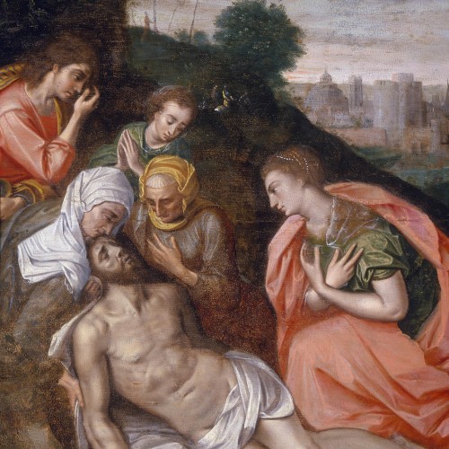 Detail from Jefferson's copy of Descent from the Cross depicts Jesus's family surrounding his lifeless body.