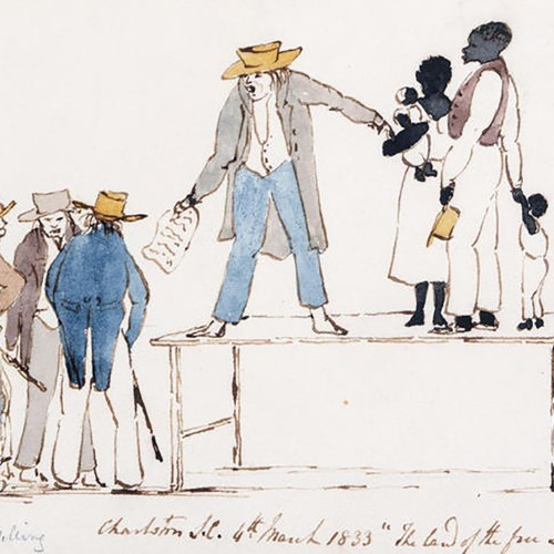 Watercolor depiction of a family being sold on an auction block at a slave market