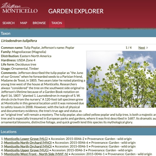 Screenshot of a results page from the Monticello Garden Explorer