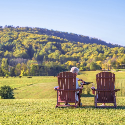 Two guests enjoy a mountain view and glass of wine on the lawn at Jefferson Vineyards
