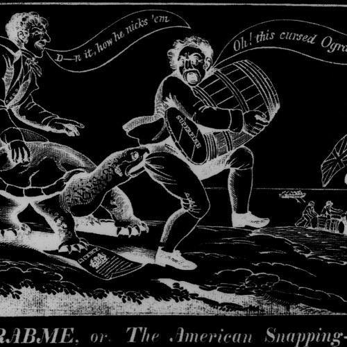 Inverted color black-and-white historic political cartoon demonstrating Americans' reaction to the Embargo Act of 1807