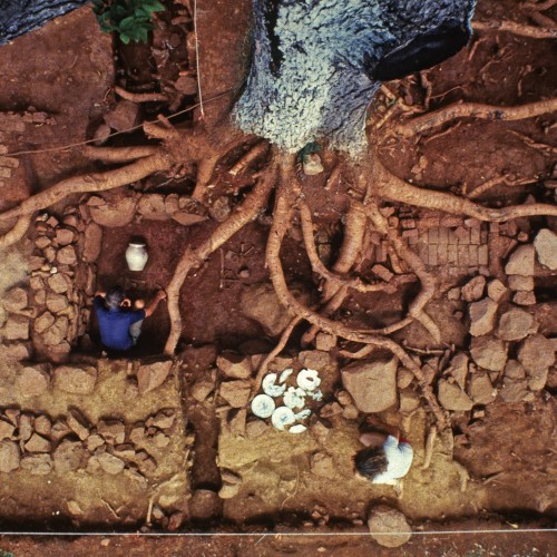 Overhead view of excavations at Building o on Mulberry Row in the 1980s