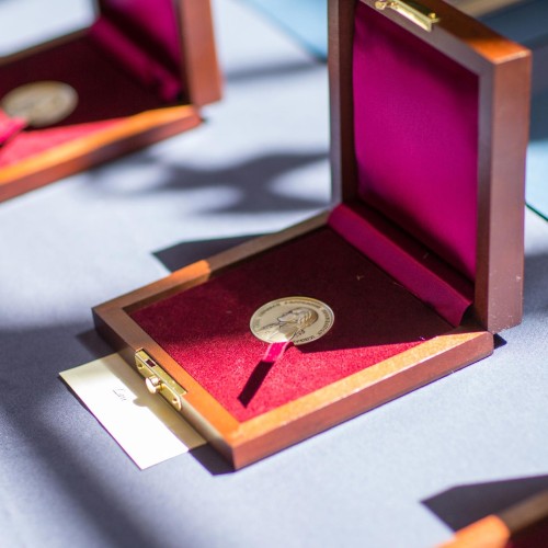 Thomas Jefferson Foundation medals, lined up in their cases.