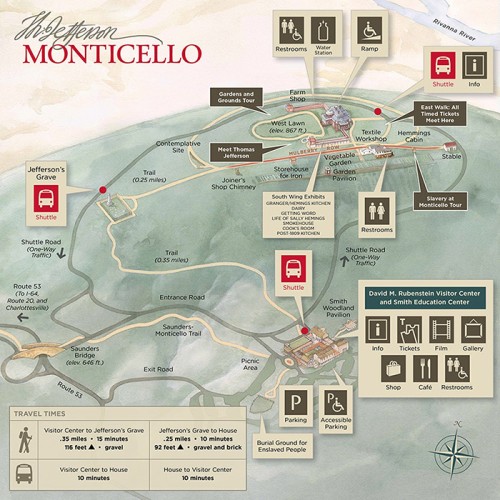 Know before you go: find guest amenities, tour locations, walking trails, and more on this Monticello map.