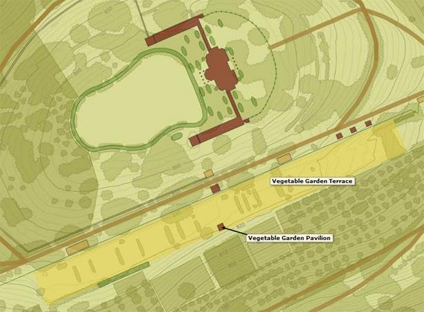 A colored map of the Monticello mountaintop showing the location of the vegetable garden south of the main house.