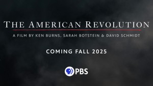 Detail from Surrender of Lord Cornwallis next to a headshot of filmmaker Ken Burns