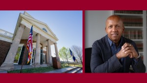 Founder's Day keynote speaker Bryan Stevenson's headshot next to a photo of Monticello's West Lawn