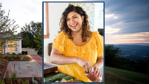 View of the Blue Ridge Mountains and Charlottesville from the terrace at Montalto with headshot of celebrity chef